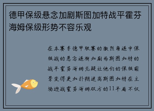 德甲保级悬念加剧斯图加特战平霍芬海姆保级形势不容乐观