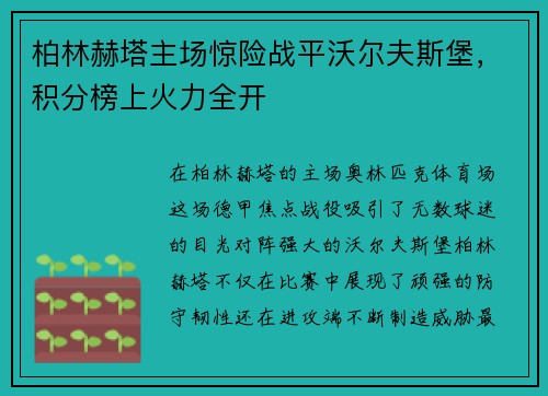 柏林赫塔主场惊险战平沃尔夫斯堡，积分榜上火力全开