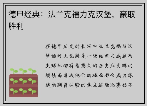 德甲经典：法兰克福力克汉堡，豪取胜利