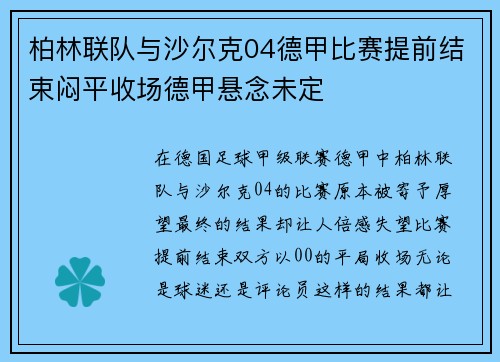 柏林联队与沙尔克04德甲比赛提前结束闷平收场德甲悬念未定