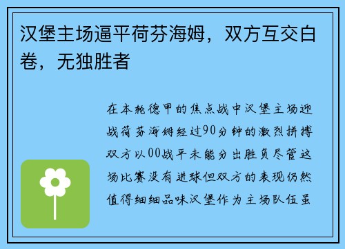 汉堡主场逼平荷芬海姆，双方互交白卷，无独胜者