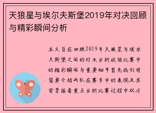 天狼星与埃尔夫斯堡2019年对决回顾与精彩瞬间分析