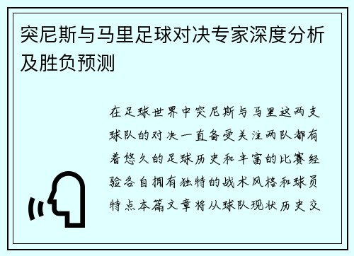 突尼斯与马里足球对决专家深度分析及胜负预测