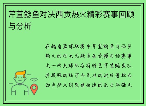 芹苴鲶鱼对决西贡热火精彩赛事回顾与分析