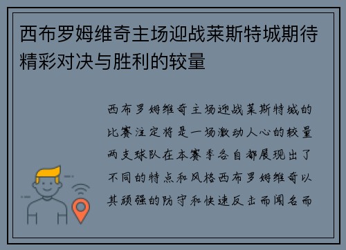 西布罗姆维奇主场迎战莱斯特城期待精彩对决与胜利的较量