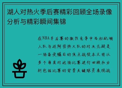 湖人对热火季后赛精彩回顾全场录像分析与精彩瞬间集锦