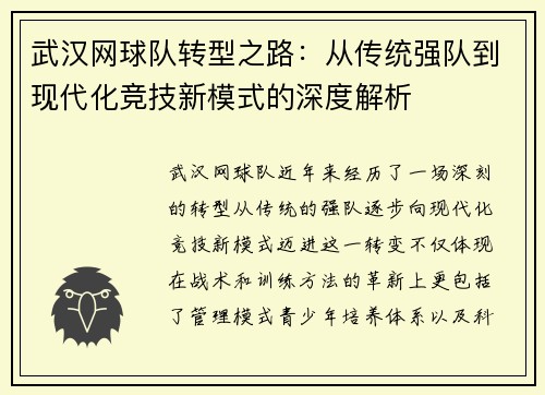 武汉网球队转型之路：从传统强队到现代化竞技新模式的深度解析