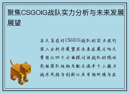 聚焦CSGOIG战队实力分析与未来发展展望